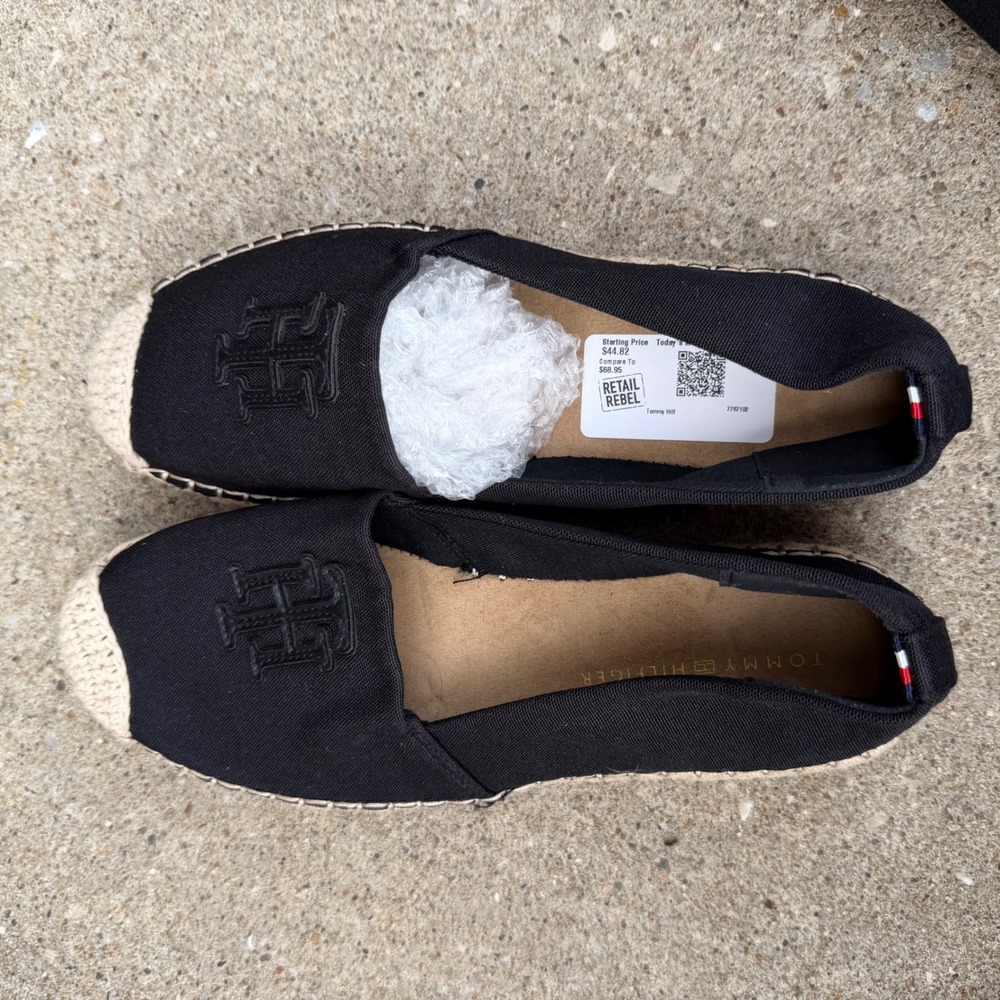 Tommy Hilfiger Anni2 Women Sz 8.5M Black Canvas Espadrille Logo Flats - Picture 5 of 11